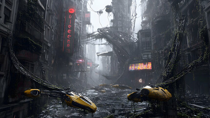 A futuristic city in ruins, with neon signs flickering amidst the rubble, broken drones and hovercraft littering the streets, and vines creeping up shattered glass towers