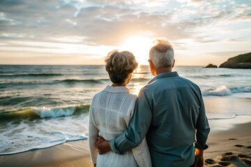 Senior Couple Holding Hands on the Beach at Sunset.