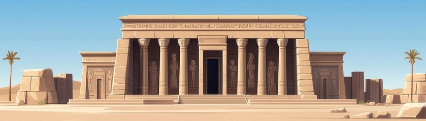 Fototapeta premium Flat Design Illustration of an Ancient Temple with Carved Stone Elements in a Low-Angle View