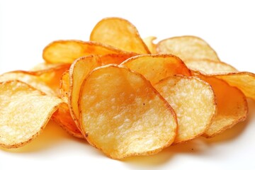 A close-up of crispy potato chips arranged in a pile.
