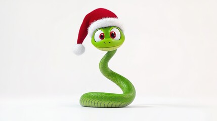 Fototapeta premium Adorable Cartoon Green Snake Wearing a Santa Hat on a White Background, Symbolizing the New Year 2025 with a Fun and Festive Touch
