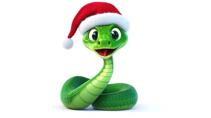 Fototapeta premium Adorable Cartoon Green Snake Wearing a Santa Hat on a White Background, Symbolizing the New Year 2025 with a Fun and Festive Touch