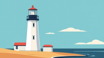 Old lighthouse, low-angle view, coastal scene, flat design illustration