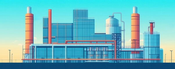 Obraz premium Industrial factory building, low-angle view, metal structures, flat design illustration