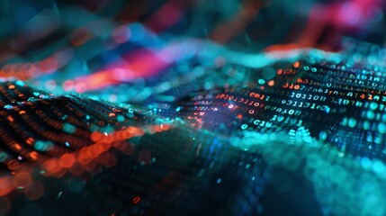 An abstract representation of a digital data stream with colorful binary code and bokeh effects in the background.