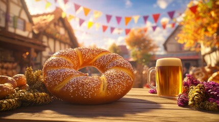 Obraz premium A charming Oktoberfest setting with a giant pretzel placed on a wooden table surrounded by hops, beer mugs, and colorful Bavarian flags. The backdrop captures the spirit of a lively beer festival.