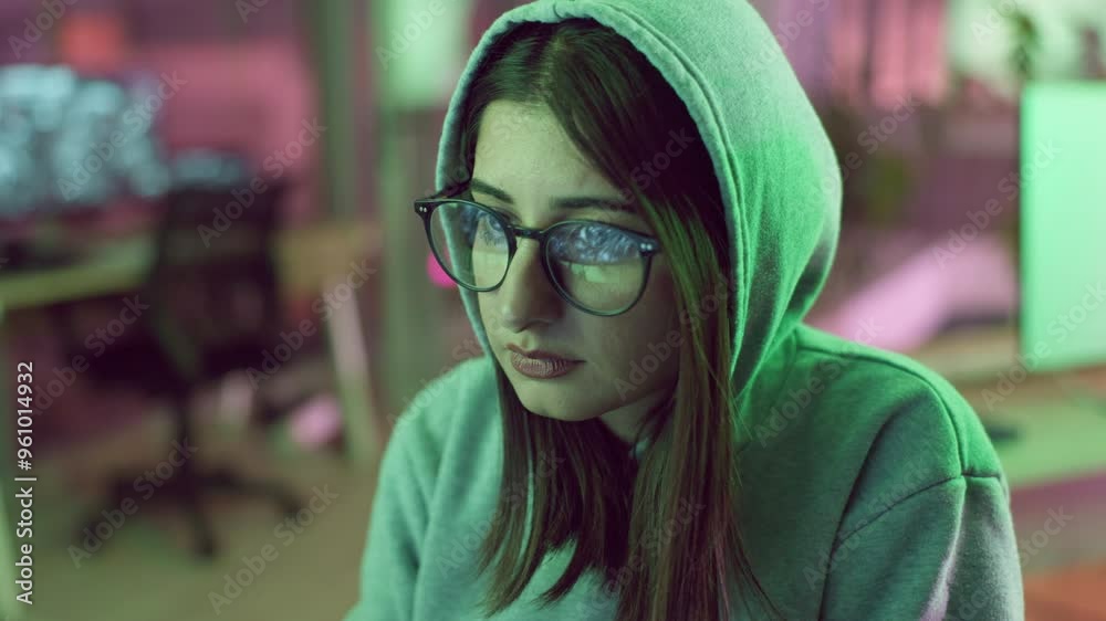 Leinwandbilder Hacking, company and woman in information technology with computer for cyber crime, system and fraud. Office, theft and hacker with malware attack for unauthorised, server access and network breach