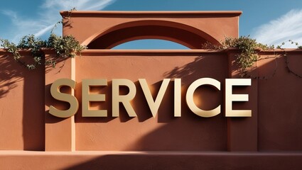 Obraz premium Service Sign on Terracotta Building with Decorative Arch and Ivy 