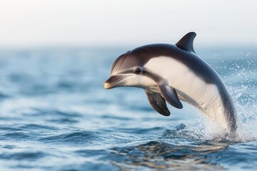Obraz premium Vaquita dolphin leaps gracefully from Gulf of California waters, a rare marine mammal, the sparkling sea shimmering under the bright sunlight.