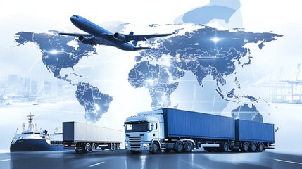 Naklejka premium Global transportation concept featuring plane, truck, and ship over a world map, symbolizing logistics and commerce.