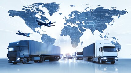 Global transportation concept featuring trucks and planes against a world map, symbolizing logistics and supply chain efficiency.