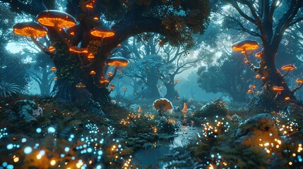 Fototapeta premium Enchanting Luminous Forest with Glow-in-the-Dark Mushrooms