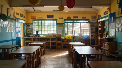 The school room is a welcoming space where students start and end their day. a familiar environment that provides a sense of stability and routine, helping them feel secure and ready to learn.