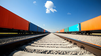 Obraz premium Vibrant shipping containers lined along railroad tracks with a clear blue sky and fluffy clouds above the freight transport scene.