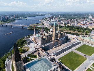 aerial city view of the skyline of downtown Ottawa, including Parliament buildings Ottawa, Ontario...