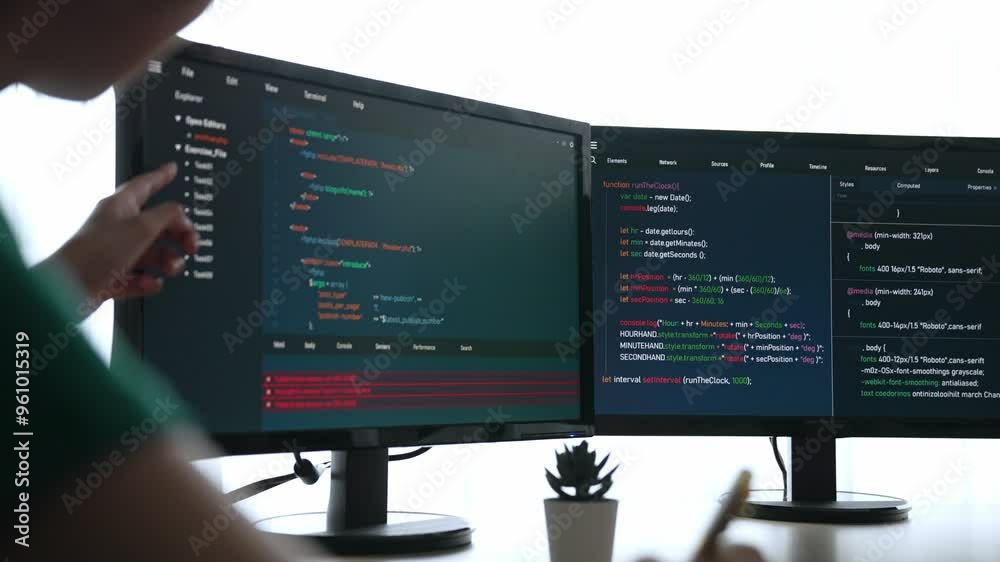 Wall mural slow motion back end software developer engineer for computer programming working together on debugg