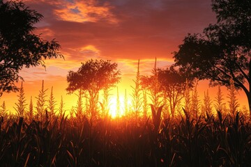 Stunning Sunset Over Cornfield with Silhouetted Trees and Vibrant Sky