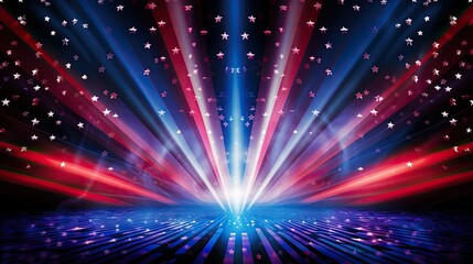 Naklejka premium Vibrant Abstract Light Burst with Stars and Stripes in Red, White, and Blue