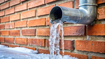 Broken frozen downspout with ice inside, causing water blockage
