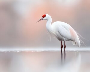 Obraz premium Siberian crane standing in wetland habitat, rare bird species, soft pastel lighting reflecting off calm water creates a tranquil scene.