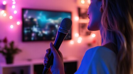 Woman singing into a microphone at a home karaoke party, with a TV screen displaying song lyrics