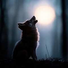 The red wolf howled under the full moon, a rare sight in the dark forest with its eerie and mysterious lighting.