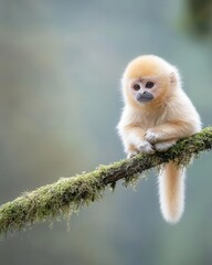 Obraz premium Rare golden snub-nosed monkey sitting on mossy tree branch, soft sunlight filtering through dense forest canopy