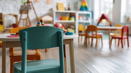 Bright and colorful kindergarten classroom with various chairs and toys, creating a playful...