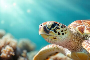 Obraz premium Rare green sea turtle resting on coral reef, vibrant marine life, sunlight streaming through clear ocean water.