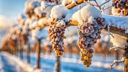 Close up of a snow-covered grapevine in a vineyard