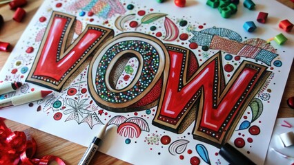 Obraz premium Hand-drawn illustration of the word VOW in red with colorful embellishments