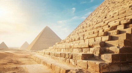 Ancient Egyptian Pyramids in Giza Desert with Clear Blue Sky and Golden Sunlight