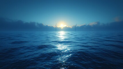 Fototapeta premium Four turbines spinning in harmony above the tranquil, reflective ocean waters.