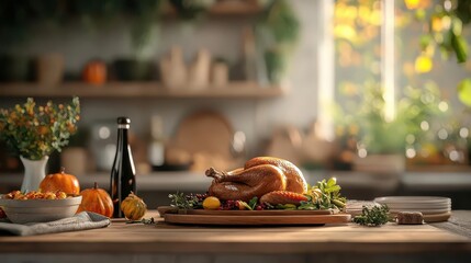 Fototapeta premium Turkey carved on a wooden table, set in a garden with soft sunlight and autumn leaves surrounding the feast, Realism, Earthy palette