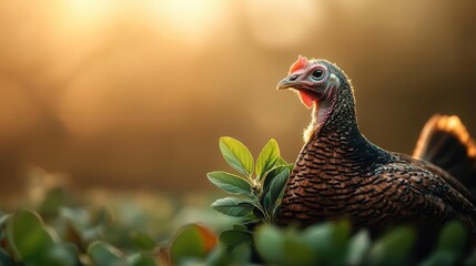 Close-up of a turkey with herbs, placed in a serene nature setting, with soft sunlight hitting the scene, Natural, Realism