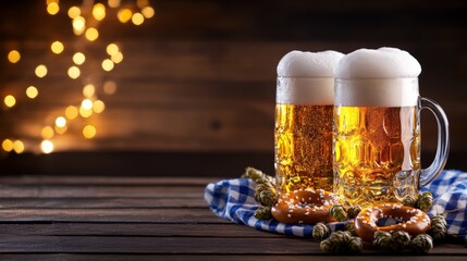 A lively Oktoberfest scene featuring beer mugs overflowing with frothy foam, sitting on a wooden table covered with a blue and white checkered cloth. The backdrop showcases colorful Bavarian