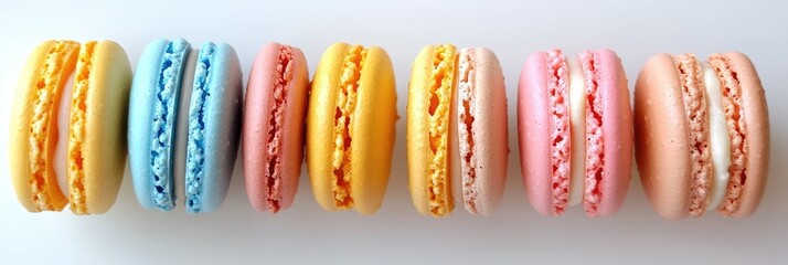 Colorful Assortment of French Macarons in a Row on a White Background