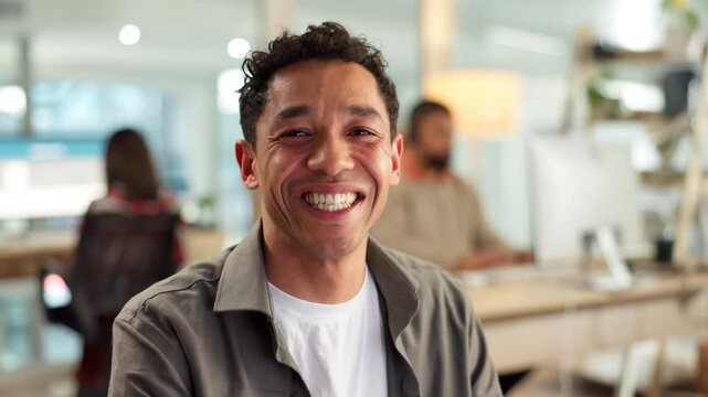 Design, face and funny with employee man in creative workplace for small business startup. Humor, laughing and portrait of happy designer in agency or artistic office for development and inspiration