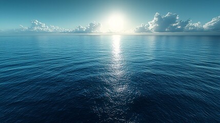 Fototapeta premium Clear skies above and calm seas below, as four turbines generate electricity.