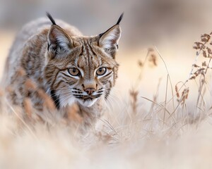 Fototapeta premium Iberian lynx gracefully stalking in tall grass, a rare species, bathed in golden hour lighting with vibrant foliage hues.