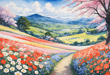 田舎の小道の両側に広がるカラフルな花畑と広がる夏の空,AI画像,Generative AI