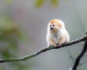 Fototapeta premium Golden snub-nosed monkey sitting on a branch in mountainous forest, rare primate, misty morning atmosphere.