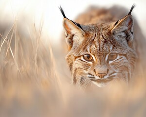 Fototapeta premium Iberian lynx hunting in tall grass, elusive species, golden hour glow illuminating vibrant foliage shades.