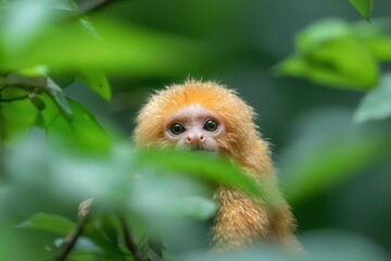 Fototapeta premium Golden lion tamarin playing in dense jungle foliage, rare primate, rich green tones and bright natural light