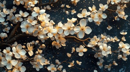 Fototapeta premium Elegant White Blossoms on Branches Against a Dark Background with Golden Accents