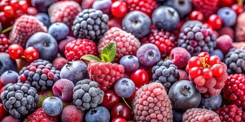 Close up view of assorted frozen berries including black currant, red currant, raspberry, and blueberry