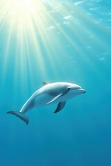 Fototapeta premium Elegant Vaquita dolphin swimming near surface, rare marine mammal, clear blue water with sunlight streaming through the waves.