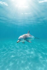 Elegant Vaquita dolphin swimming near surface, rare marine mammal, clear blue water with sunlight shining above.