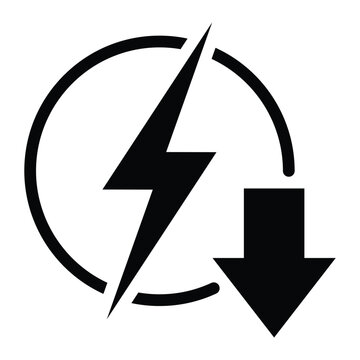 Energy reduction vector icon. Electricity power reduction sign. Reduce energy consumption symbol. Simple black illustration.