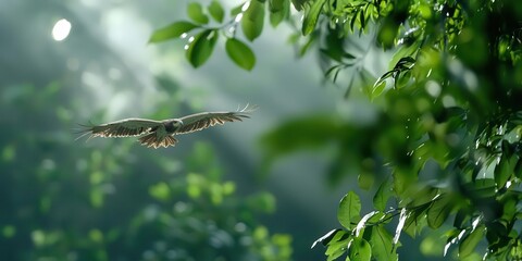 The critically endangered Philippine eagle gracefully gliding over the lush tropical forest canopy, a rare bird of prey bathed in the soft glow of the misty morning light.